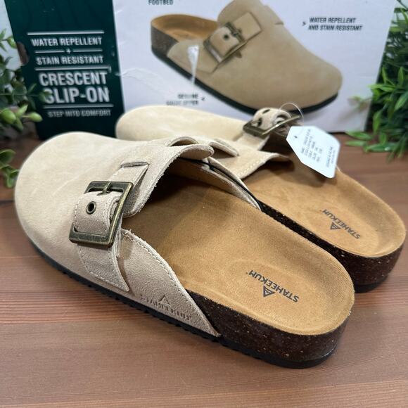 Staheekum Women's Crescent Slip On Tan Suede Buckle Clogs Size 6 - Picture 6 of 8